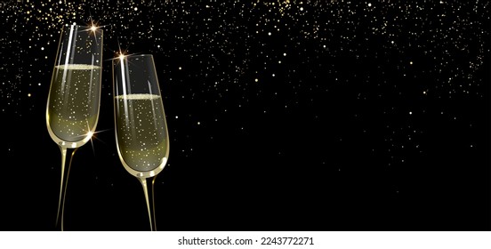 congratulatory horizontal banner with glasses of champagne and golden confetti on a black background