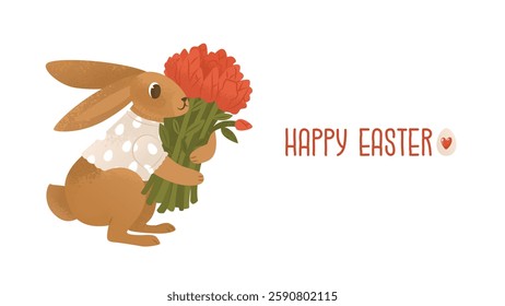 Congratulatory horizontal banner with a wish for a happy Easter. Adorable bunny in a shirt with a bouquet of tulips. Cute child character congratulates on the Christian holiday. Vector illustration.