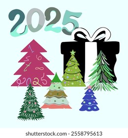 Congratulatory illustration with Christmas trees and a gift