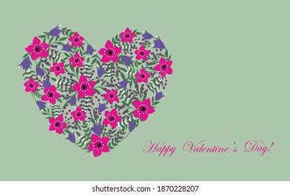 Congratulatory illustration with a heart made of flowers. Happy Valentine's Day. Template for postcards, flyers, banners.