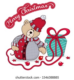 Congratulatory illustration with a kind teddy bear with a gift box and the inscription Merry Christmas