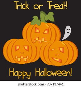 A congratulatory illustration with three pumpkin lights, a little ghost and inscriptions Trick or Treat and Happy Halloween on black background