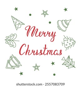 Congratulatory inscription with Christmas trees. Vector template with text for packaging, postcards and banners for Christmas. Greeting card for a winter holiday. Image of Christmas trees with text 