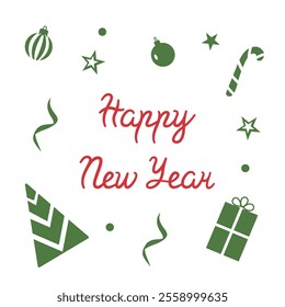 Congratulatory inscription with toys, gifts and sweets for the New Year. Vector template with text for packaging, postcards and posters for the winter holidays. Image of New Year attributes