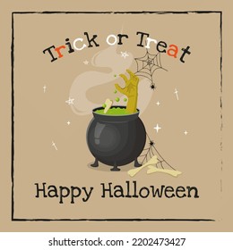 congratulatory inscriptions Trick or Treat and Happy Halloween witch cauldron dead man brush is brewed in a cauldron and in a witch potion bones and cobwebs