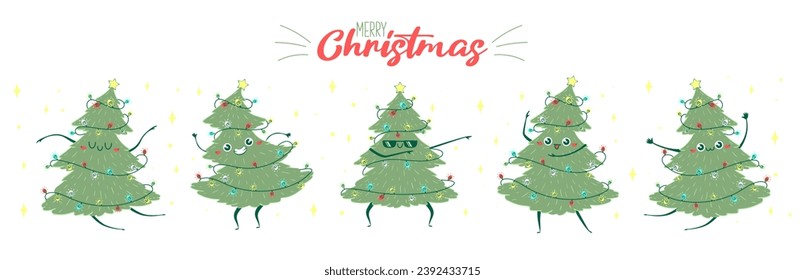 Congratulatory long web banner with kawaii doodle Christmas tree dancing. Children's handmade naive style. Simple New Year character happy spruce.