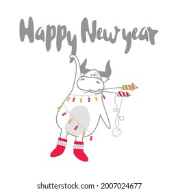 Congratulatory New Year card with a bull in felt boots. A cute animal wrapped in a garland hanging from the letters. Holds a lighted fireworks in his mouth. Funny festive character.