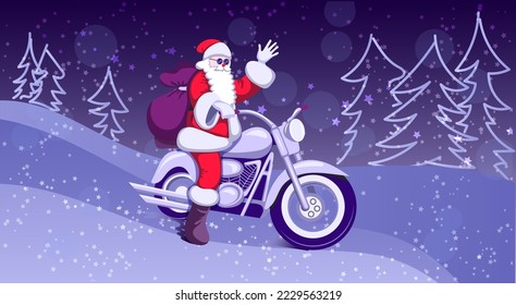 Congratulatory New Year and Christmas banner. Santa Claus rides a motorcycle in winter, forest, stars, Christmas trees. Vector illustration for banner, greeting card, background design.