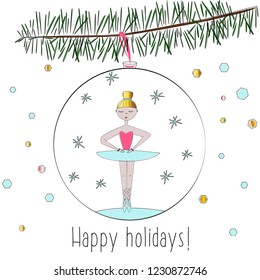 Congratulatory New Year postcard on which there is a picture of a ballerina, New Year ball, New Year tree, New Year decorations, snowflakes, greetings.