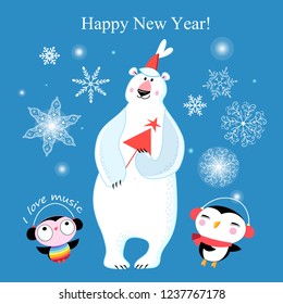 Congratulatory New Year's merry greeting card with a polar bear and penguins on a blue background with snowflakes
