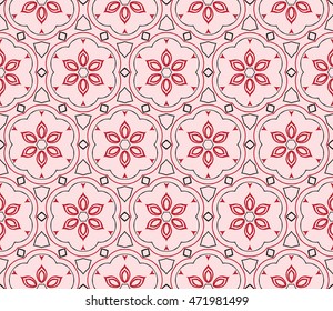 Congratulatory ornament seamless execution in the form of floral pattern. Vector. Pink color. For holiday cards design, fashion design, interior design, graphic arts
