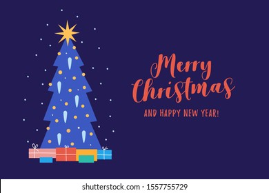 Congratulatory picture with decorated Christmas tree. Christmas background with place for the text. Happy New Year. Decor for winter holiday. Xmas creative greeting card mockup. Vector illustration.