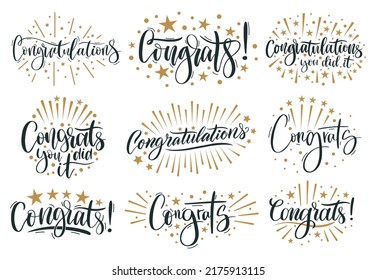 Congratulatory text. Congratulations lettering and congrats calligraphic inscription for celebration posters. Handwritten words vector set. Writing for success, achievements or accomplishments