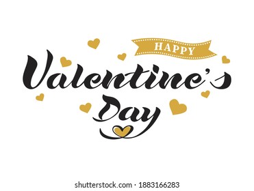 Congratulatory text with golden hearts Happy Valentine's Day. Holiday on February 14. Vector illustration. EPS10.