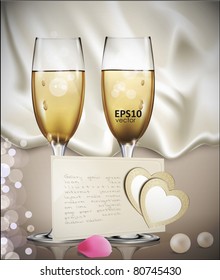 congratulatory vector background with a beige card with two glasses of white wine, rose petals, pearls, and two hearts