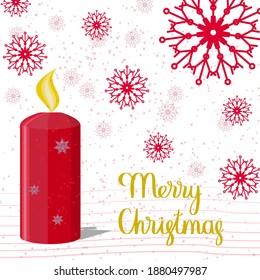 Congratulatory wish with golden flame on glitter red candle, letters and big openwork snowflakes