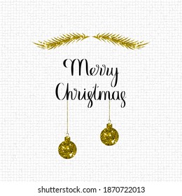Congratulatory wish with golden needles  and Christmas toys on paper background