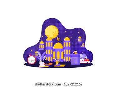 Congregación que realiza oraciones tarawih en la noche en el mes de Ramadán. Ilustración del vector