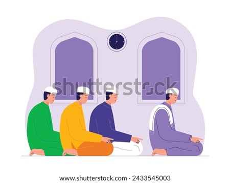 Congregational prayer fervently during eid in the mosque, vector illustration.