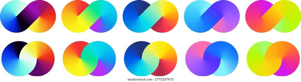 Conic gradient loop shapes. Abstract colorful overlapping circles, gradient infinity symbols vector set