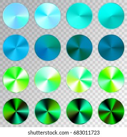 Conic gradients set, blue, green, aquamarine texture collection, shine, glowing objects. Transparent background. Vector illustration.