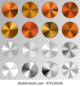 Gradientes metálicos cónicos, cobre, dorado, bronce, colección de texturas plateadas, brillo, objetos brillantes. Fondo transparente. Ilustración vectorial.