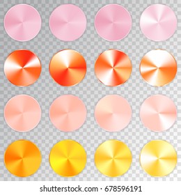 Conic metallic gradients set, pink, orange, peachy, yellow texture collection, shine, glowing objects. Transparent background. Vector illustration.