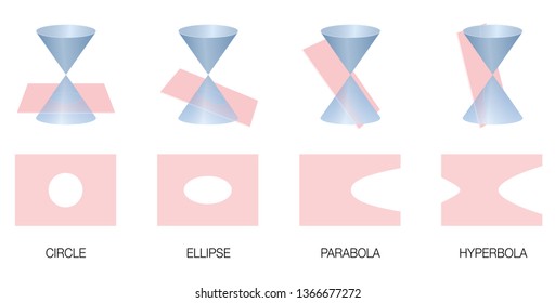 Conic sections. Circle, ellipse, parabola and hyperbola. Four different mathematical, geometrical curves obtained as the intersection of the surface of a cone with a plane.
