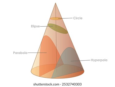 Kegelschnitt Typen, Kreis, Ellipse, Parabel, Hyperbel, Transparent Vollkegel, farbige Scheibe, Teile. Schneiden aus verschiedenen Blickwinkeln. Geometriestunde. Vektorgrafik