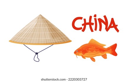 Conical Chinese Straw Hat and Koi Orange Carp as Traditional Cultural China Symbol Vector Set
