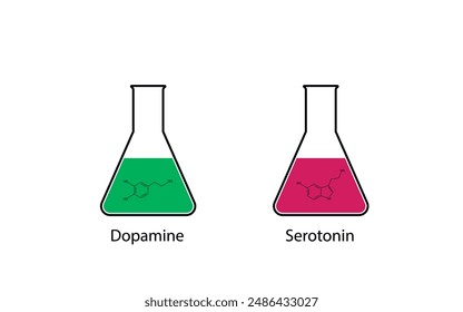 Conical Erlenmeyer flasks containing serotonin and dopamine. Chemical formulas. Vector illustration.