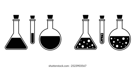 Konische Flasche Assay Tube, medizinische Teströhren Symbol. Chemieanlagen, Schild Erlenmeyerkolben. Chemikalienflaschen, Flaschen Formel oder Labor-Reagenzglas-Rack medizinisch. Chemische Glas- oder Glaswerkzeuge