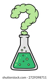 Conical flask bubbling green liquid. Smoke forms a question mark, symbolizing mystery and scientific inquiry