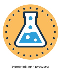 
Conical flask filled with boiling liquid and bubbles 
