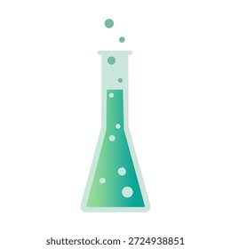 Frasco cónico verde. Solución química burbujeante. Icono de experimento de Ciencia. Recipiente de investigación de laboratorio. EPS 10.