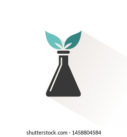 Conical flask icon with two leaves. Erlenmeyer laboratory instrument. Vector illustration
