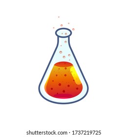 Conical flask with orange solution. Test tube icon. Vector illustration isolated on white.