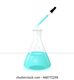 Conical flask with pipette on lab table, 3d realistic vector illustration, white background, eps 10