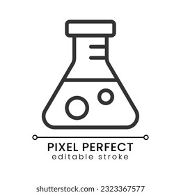 Conical flask pixel perfect linear icon. Scientific experiment. Medical test. Laboratory glassware. Thin line illustration. Contour symbol. Vector outline drawing. Editable stroke. Poppins font used