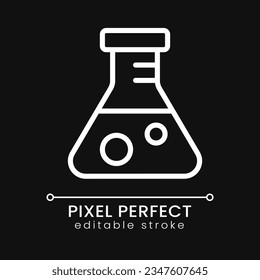 Conical flask pixel perfect white linear icon for dark theme. Scientific experiment. Chemical reaction. Thin line illustration. Isolated symbol for night mode. Editable stroke. Poppins font used