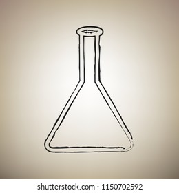 Conical Flask sign. Laboratory glass sign. Vector. Brush drawed black icon at light brown background.