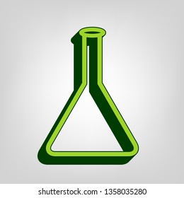 Conical Flask sign. Laboratory glass sign. Vector. Yellow green solid icon with dark green external body at light colored background.