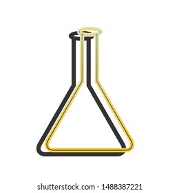 Conical Flask sign. Laboratory glass sign. Blue icon with gold contour with dark gray shadow at white background. Illustration.