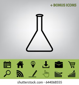 Conical Flask sign. Laboratory glass sign. Vector. Black icon at gray background with bonus icons at celery ones