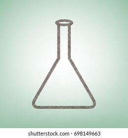 Conical Flask sign. Laboratory glass sign. Vector. Brown flax icon on green background with light spot at the center.