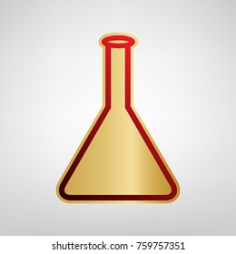 Conical Flask sign. Laboratory glass sign. Vector. Red icon on gold sticker at light gray background.