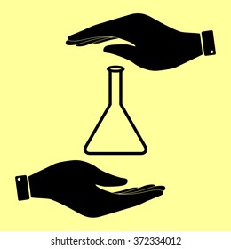 Conical Flask sign. Save or protect symbol by hands.