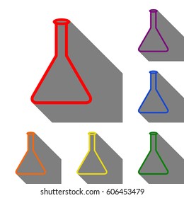 Conical Flask sign. Set of red, orange, yellow, green, blue and violet icons at white background with flat shadow.
