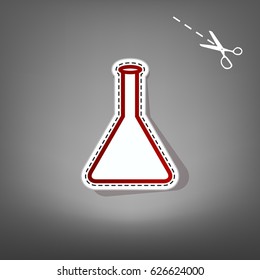 Conical Flask sign. Vector. Red icon with for applique from paper with shadow on gray background with scissors.