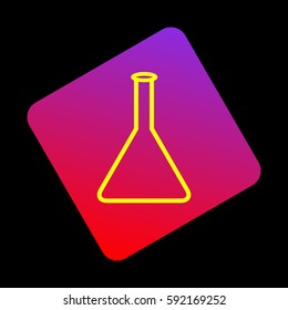 Conical Flask sign. Vector. Yellow icon at violet-red gradient square with rounded corners rotated for dynamics on black background.